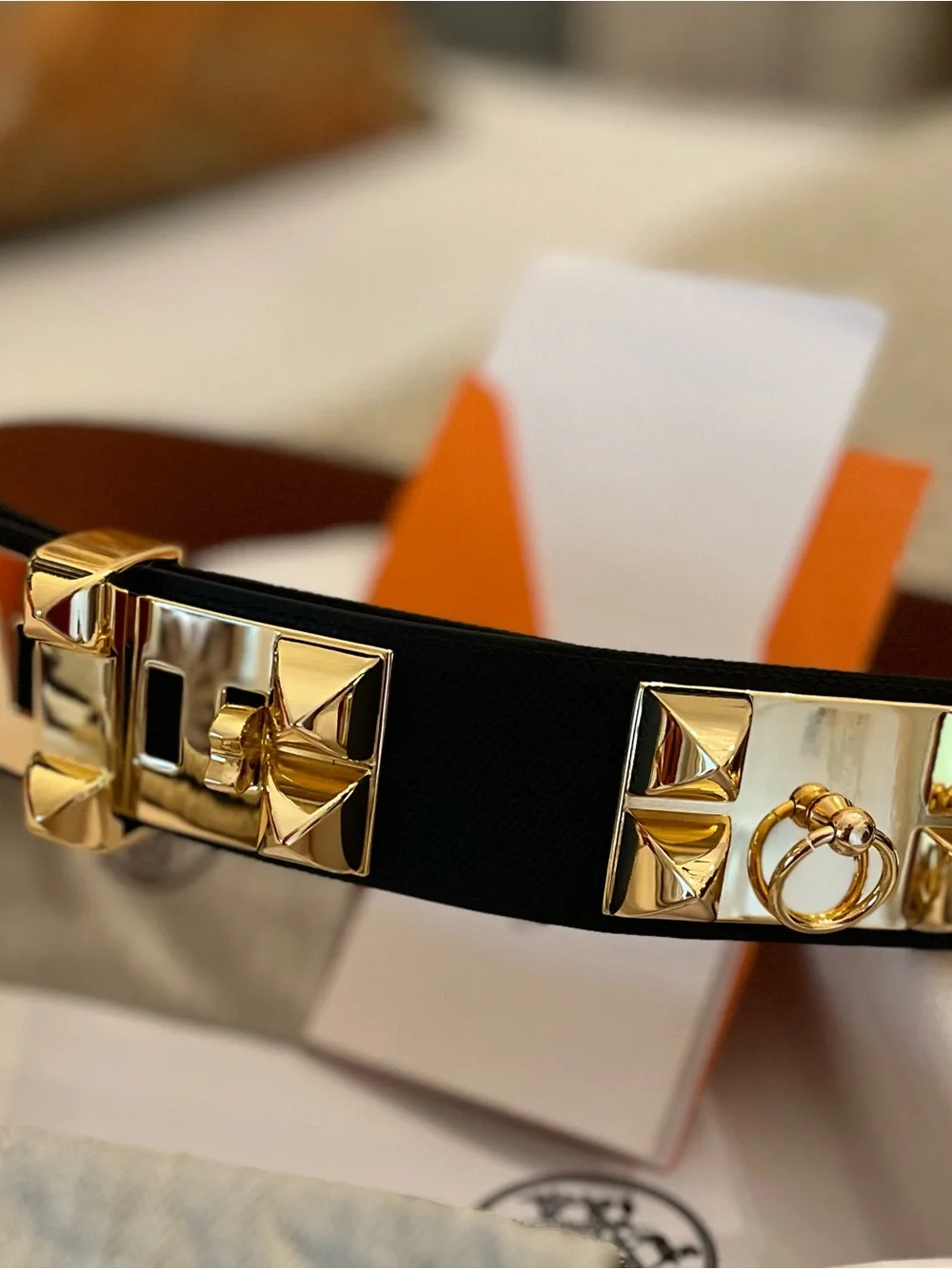 Black Leather Collier de Chien Belt with Gold Stud Hardware - Picture 5 of 11